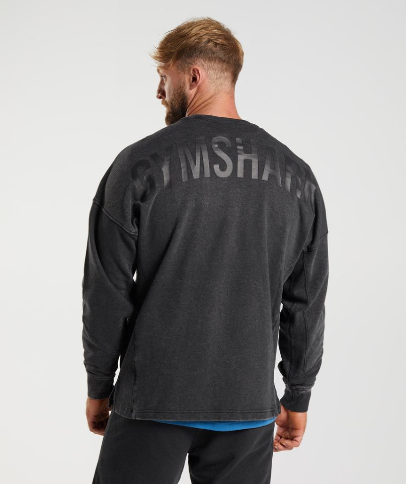 Men\'s Gymshark Power Washed Crew Sweatshirts Black | NZ 2VZQNS